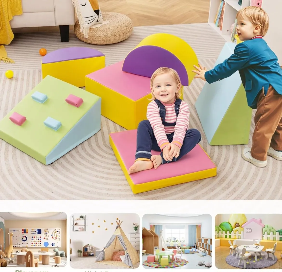 6 TLG. Kinder Schamstoff Bausteine mit Kletterfelsen zum Klettern & Krabbeln mit Klettverschlüsse