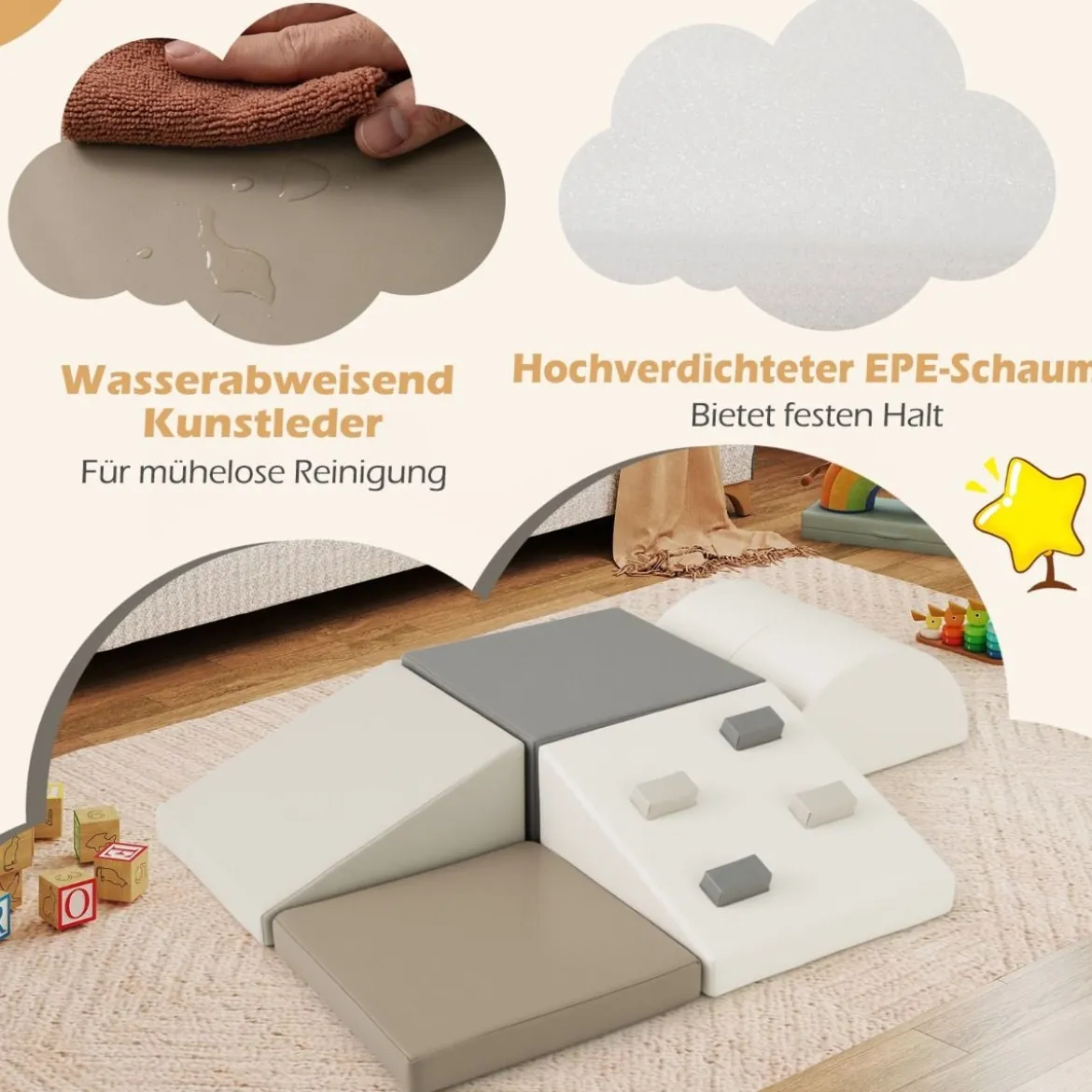 6 TLG. Kinder Schamstoff Bausteine mit Kletterfelsen zum Klettern & Krabbeln mit Klettverschlüsse