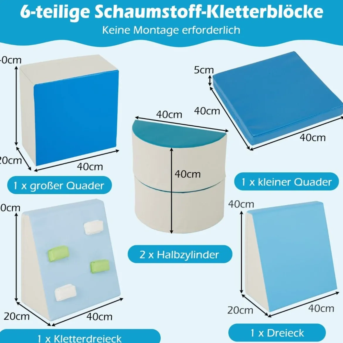 6 TLG. Kinder Schamstoff Bausteine mit Kletterfelsen zum Klettern & Krabbeln mit Klettverschlüsse