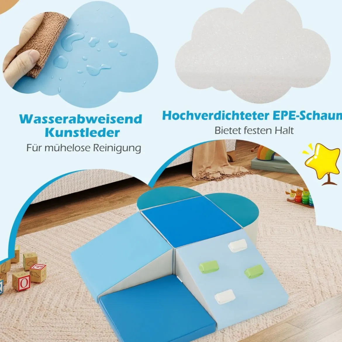 6 TLG. Kinder Schamstoff Bausteine mit Kletterfelsen zum Klettern & Krabbeln mit Klettverschlüsse