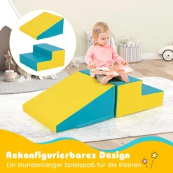 2 TLG. Kinder Schaumstoff Bausteine zum Toben und Klettern Softbausteine Gelb + Grün mit Klettverschlüsse
