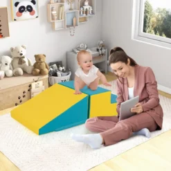 2 TLG. Kinder Schaumstoff Bausteine zum Toben und Klettern Softbausteine Gelb + Grün mit Klettverschlüsse