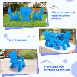 3 TLG. Kindersitzgruppe aus Kunststoff Kindertisch mit 2 Adirondack-Stühlen Blau