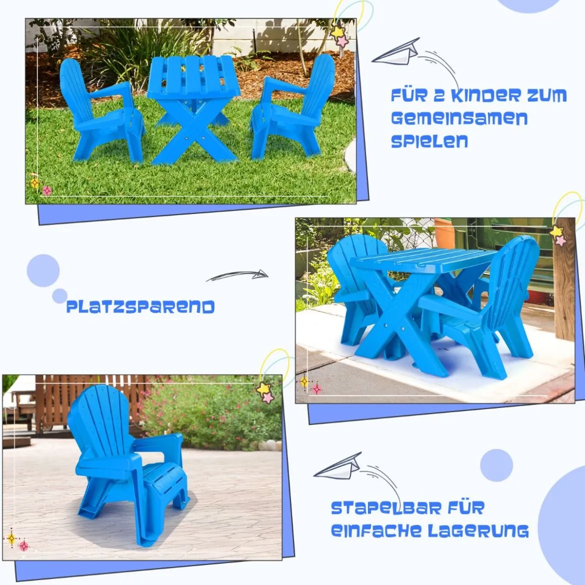 3 TLG. Kindersitzgruppe aus Kunststoff Kindertisch mit 2 Adirondack-Stühlen Blau