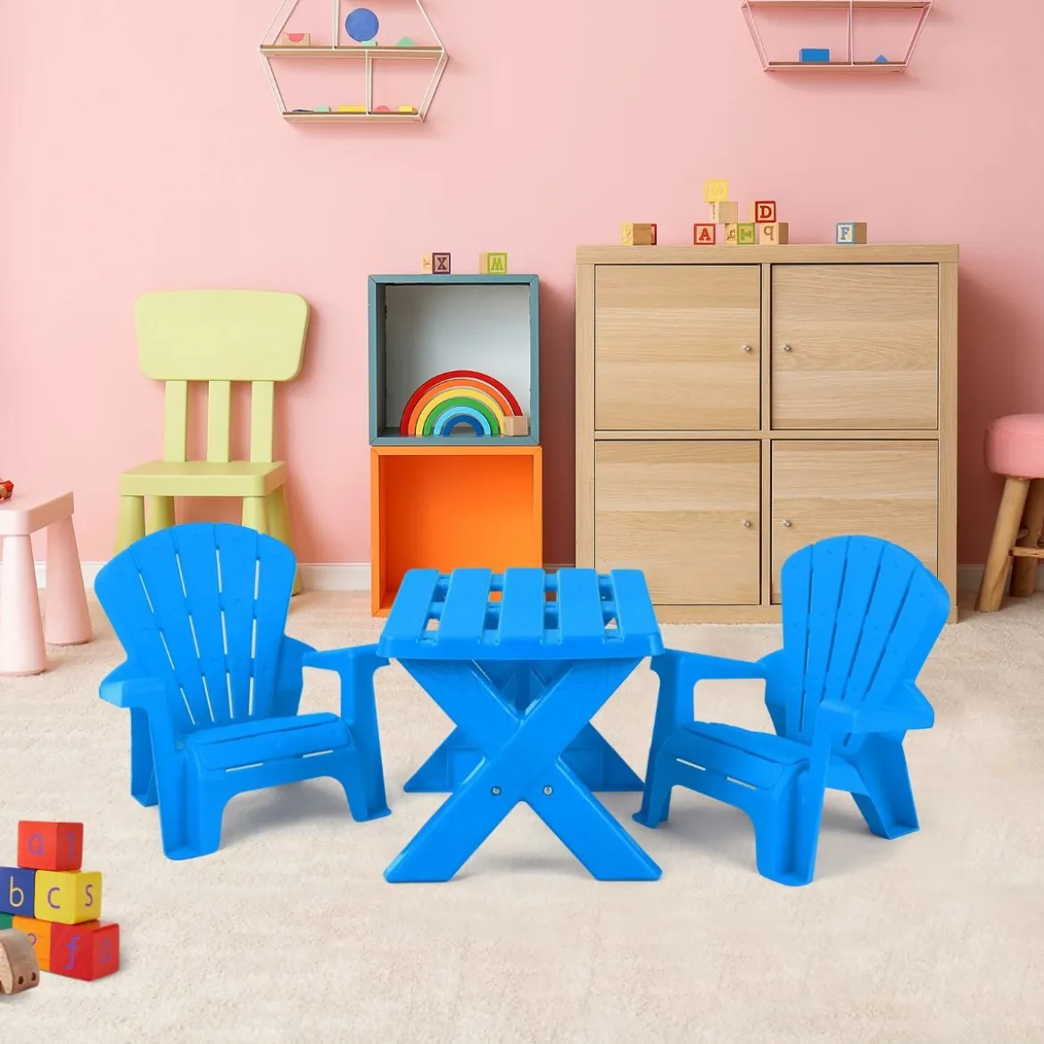 3 TLG. Kindersitzgruppe aus Kunststoff Kindertisch mit 2 Adirondack-Stühlen Blau