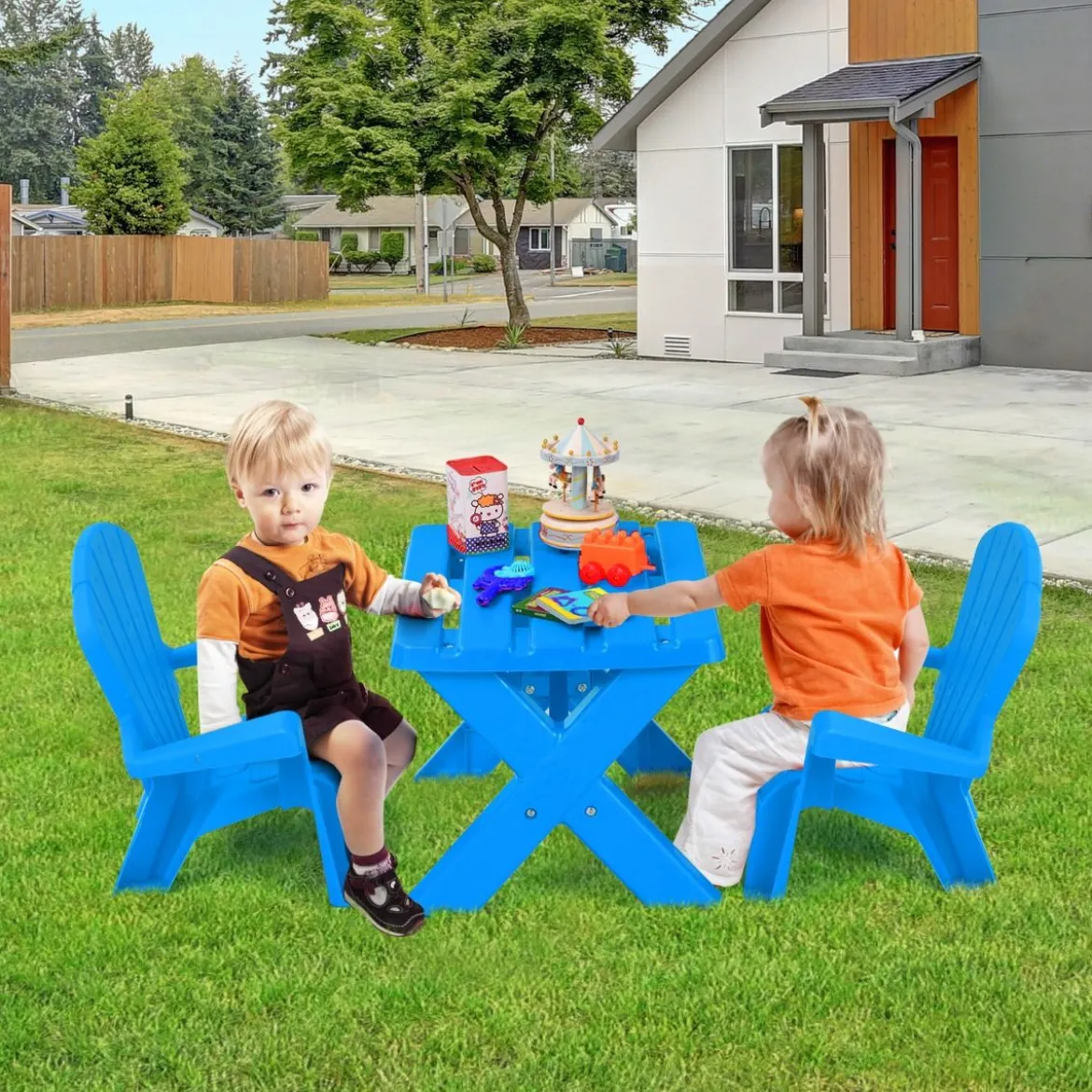 3 TLG. Kindersitzgruppe aus Kunststoff Kindertisch mit 2 Adirondack-Stühlen Blau