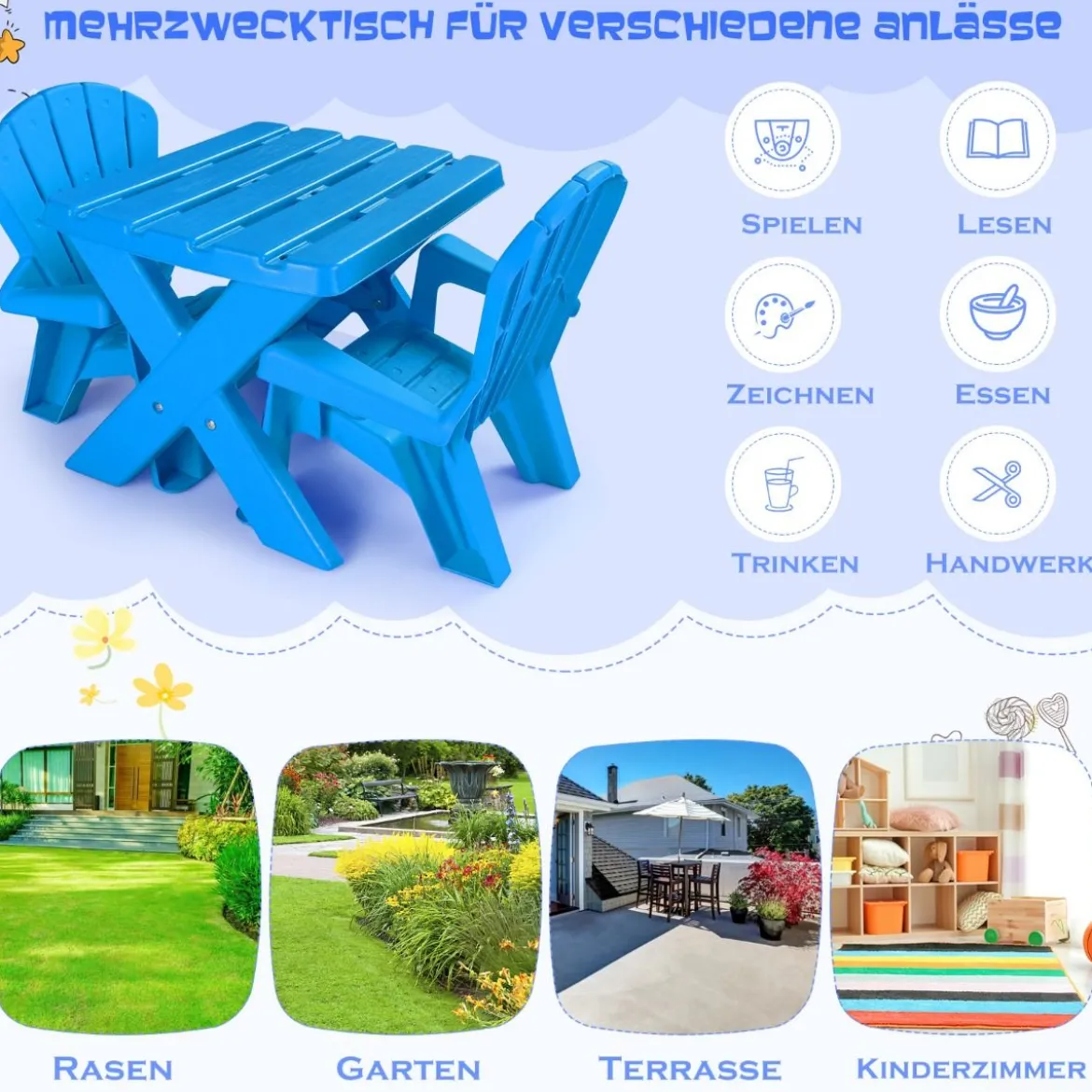 3 TLG. Kindersitzgruppe aus Kunststoff Kindertisch mit 2 Adirondack-Stühlen Blau