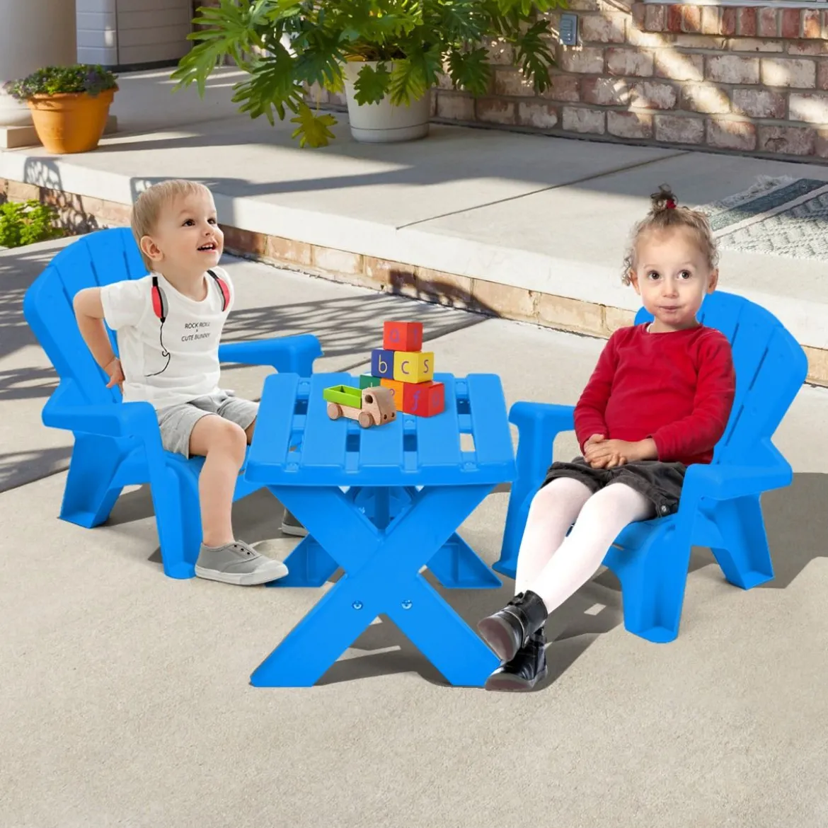 3 TLG. Kindersitzgruppe aus Kunststoff Kindertisch mit 2 Adirondack-Stühlen Blau
