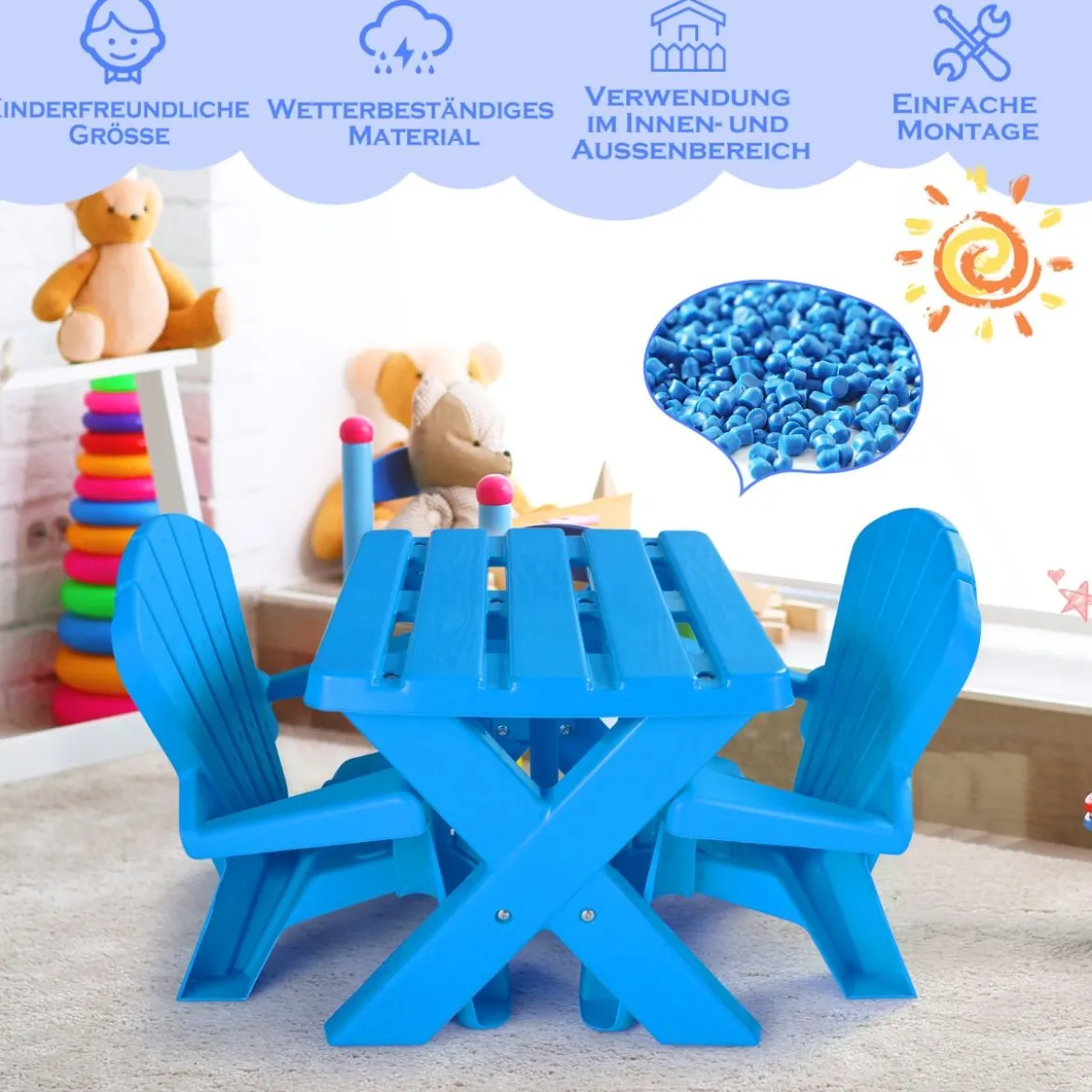 3 TLG. Kindersitzgruppe aus Kunststoff Kindertisch mit 2 Adirondack-Stühlen Blau