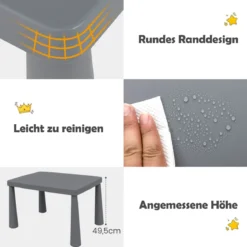 3 TLG. Kindersitzgruppe Kindertisch mit 2 Stühlen Kindermöbel aus Kunststoff Grau