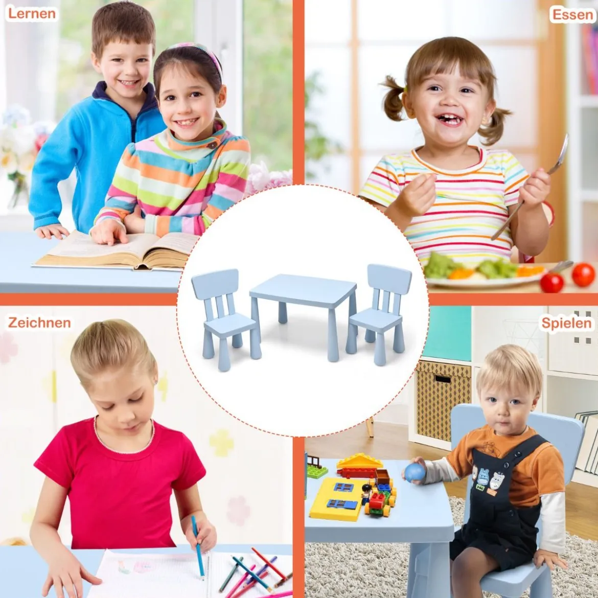 3 TLG. Kindersitzgruppe Kindertisch mit 2 Stühlen Kindermöbel aus Kunststoff Blau