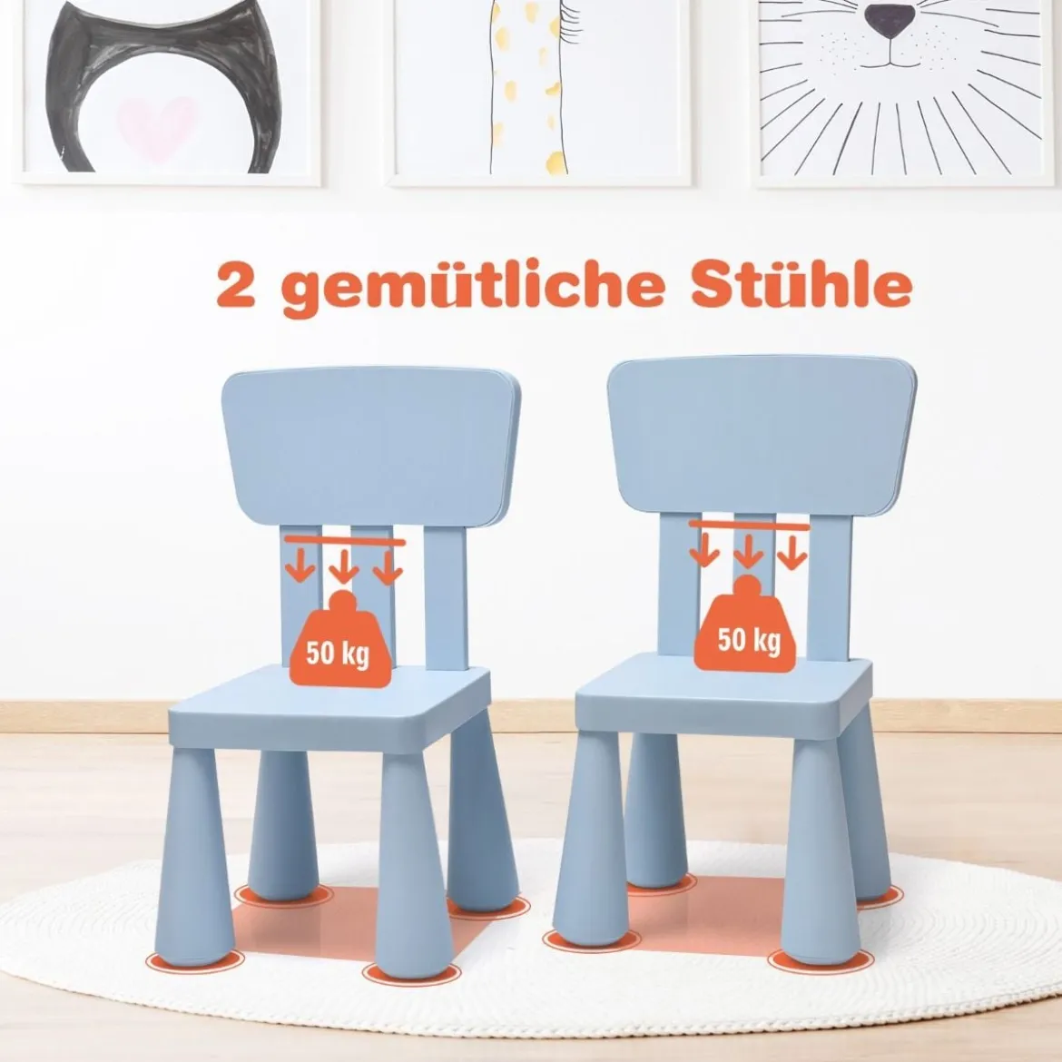 3 TLG. Kindersitzgruppe Kindertisch mit 2 Stühlen Kindermöbel aus Kunststoff Blau
