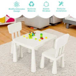 3 TLG. Kindersitzgruppe Kindertisch mit 2 Stühlen Kindermöbel aus Kunststoff Weiß