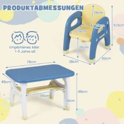 3 tlg. Kindersitzgruppe mit Dinosaurierdesign Kindertisch mit 2 Stühle inkl. Bauklötze