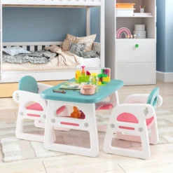 3tlg. Kindersitzgruppe mit Regal & Ablagefach zum Lesen für 1–5 Jahre Blau & Pink