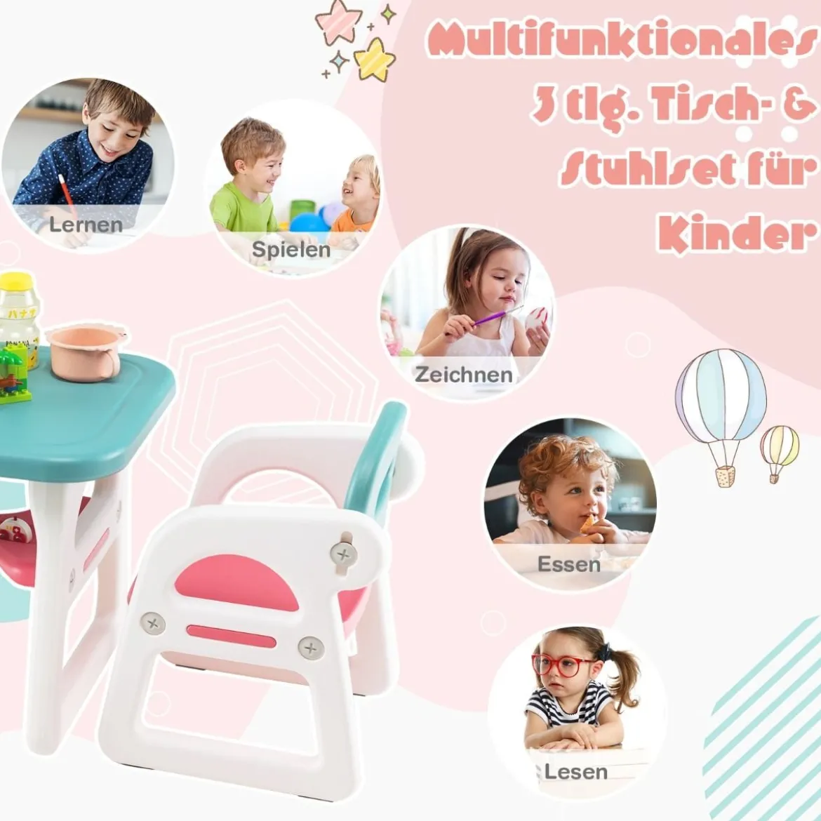 3tlg. Kindersitzgruppe mit Regal & Ablagefach zum Lesen für 1–5 Jahre Blau & Pink