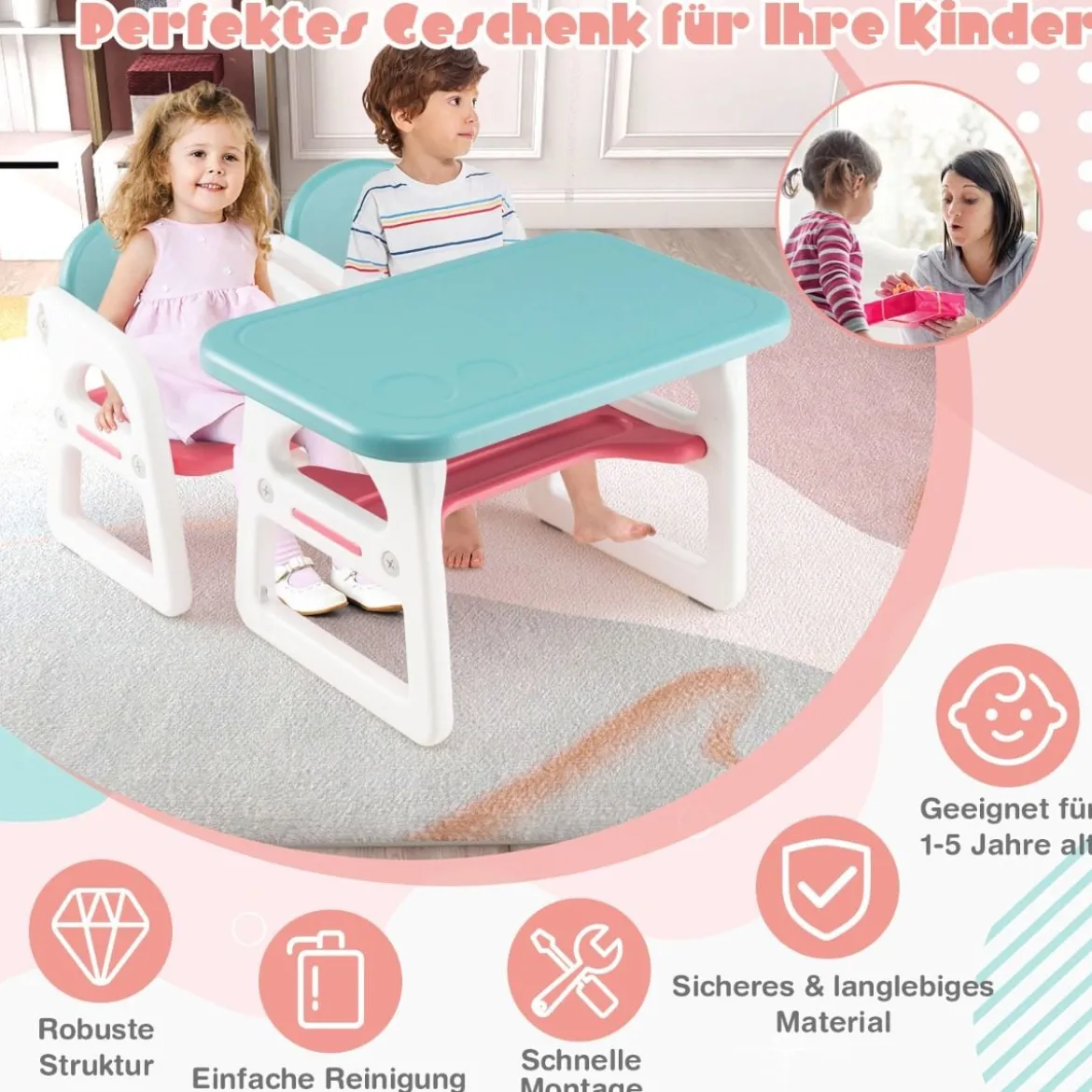 3tlg. Kindersitzgruppe mit Regal & Ablagefach zum Lesen für 1–5 Jahre Blau & Pink