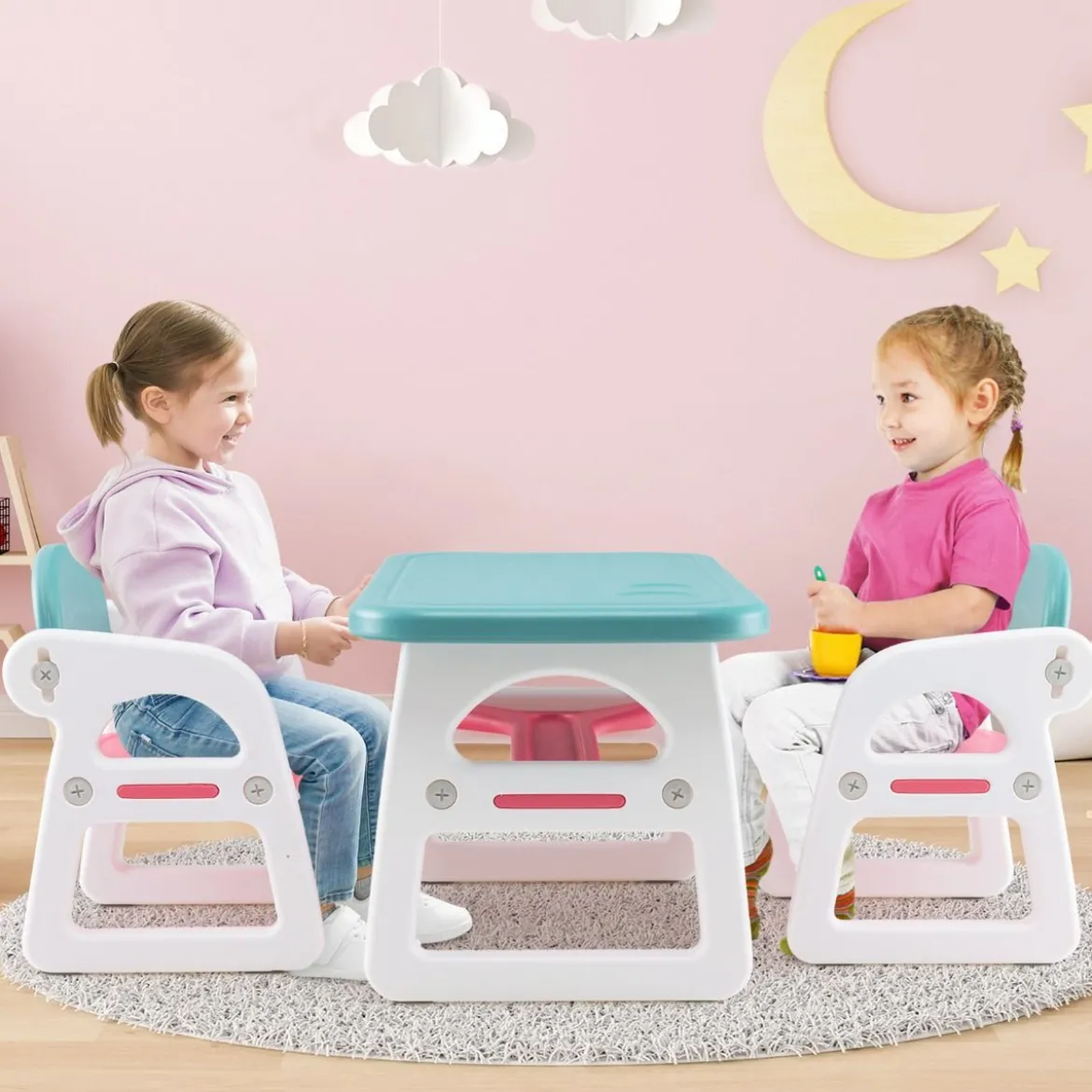 3tlg. Kindersitzgruppe mit Regal & Ablagefach zum Lesen für 1–5 Jahre Blau & Pink