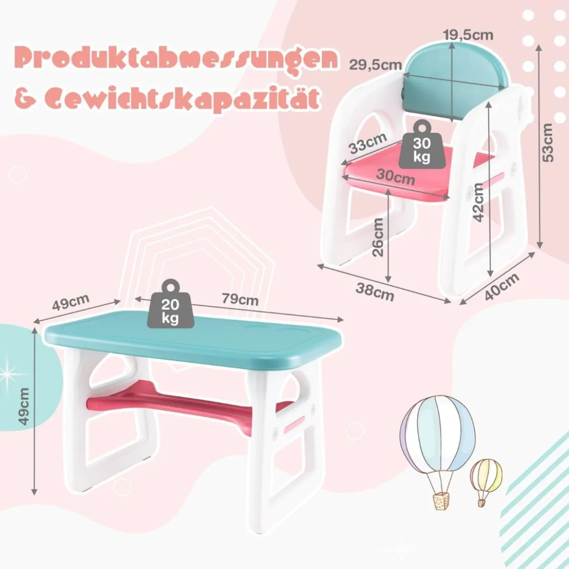 3tlg. Kindersitzgruppe mit Regal & Ablagefach zum Lesen für 1–5 Jahre Blau & Pink