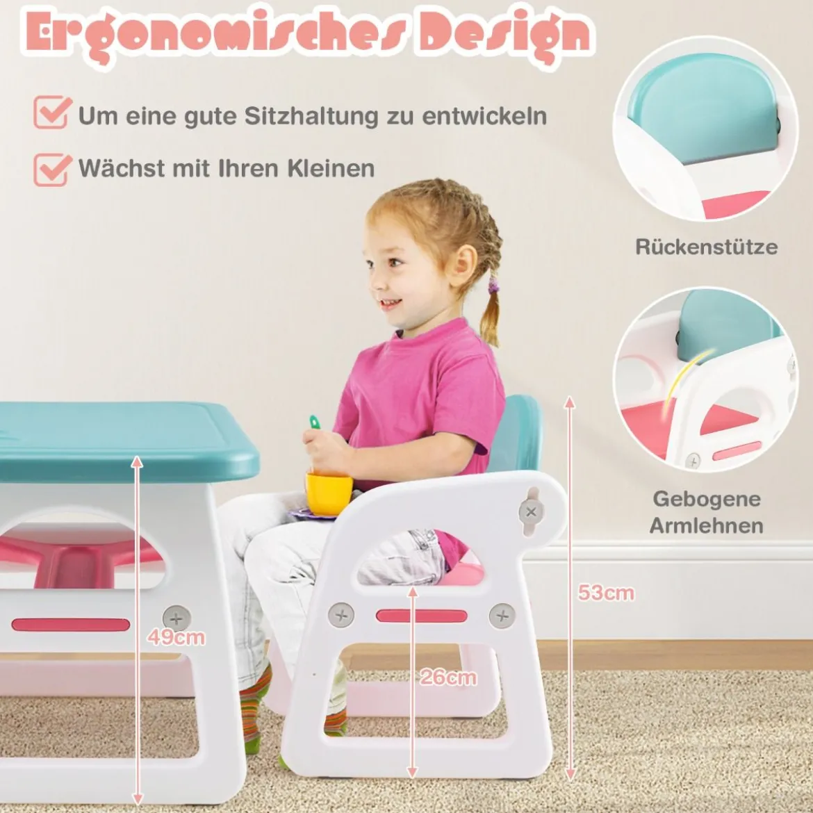 3tlg. Kindersitzgruppe mit Regal & Ablagefach zum Lesen für 1–5 Jahre Blau & Pink