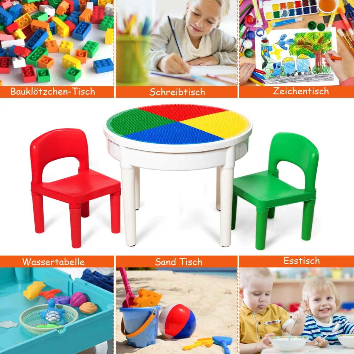 3tlg. Kinder Tischset Kindersitzgruppe Spieltischset mit Staufach Mehrfarbig