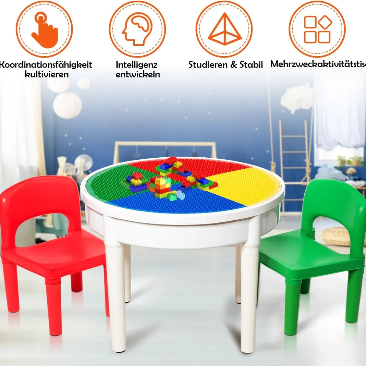3tlg. Kinder Tischset Kindersitzgruppe Spieltischset mit Staufach Mehrfarbig