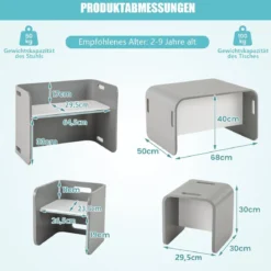 3 tlg. Kindertisch Stühle Set Kindersitzgrupppe Holz Kindermöbel Lerntisch Natur/Grau