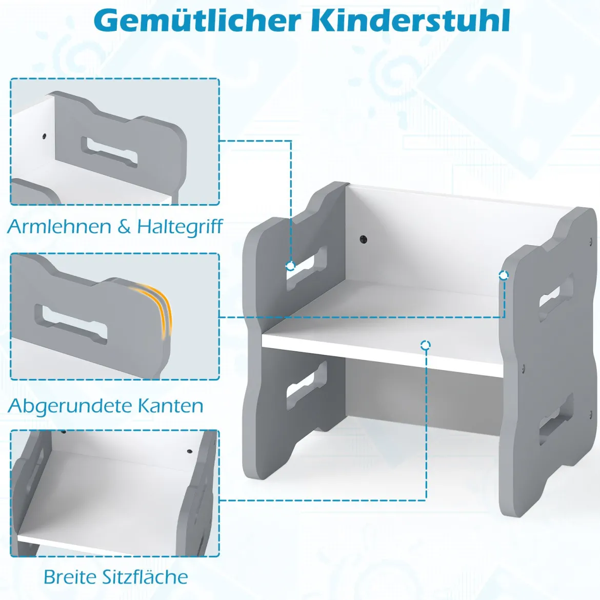 3 TLG. Kinder Tisch- & Stuhlset mit 2 Hockern & Aktivitätentisch Abgerundete Ecken Design Grau