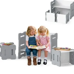 3 TLG. Kinder Tisch- & Stuhlset mit 2 Hockern & Aktivitätentisch Abgerundete Ecken Design Grau