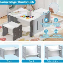 3 TLG. Kinder Tisch- & Stuhlset mit 2 Hockern & Aktivitätentisch Abgerundete Ecken Design Grau