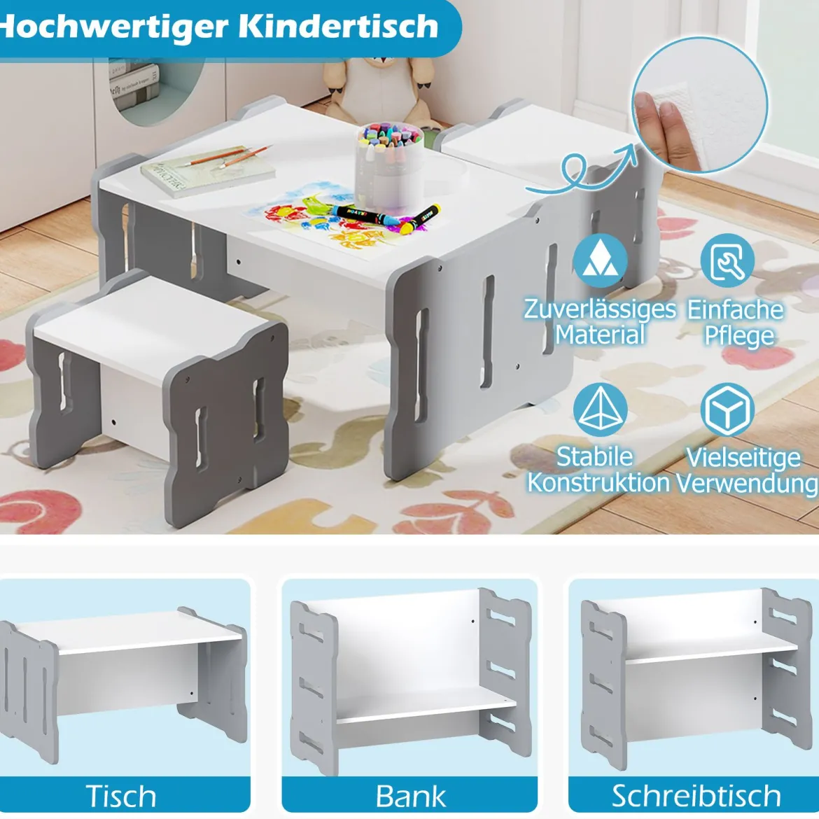 3 TLG. Kinder Tisch- & Stuhlset mit 2 Hockern & Aktivitätentisch Abgerundete Ecken Design Grau