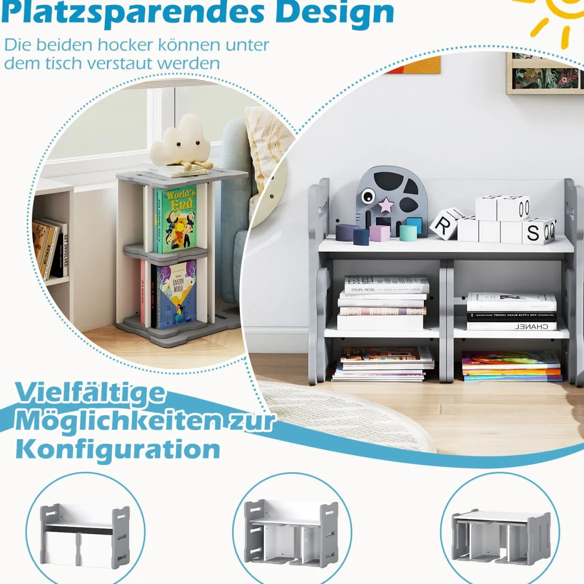 3 TLG. Kinder Tisch- & Stuhlset mit 2 Hockern & Aktivitätentisch Abgerundete Ecken Design Grau
