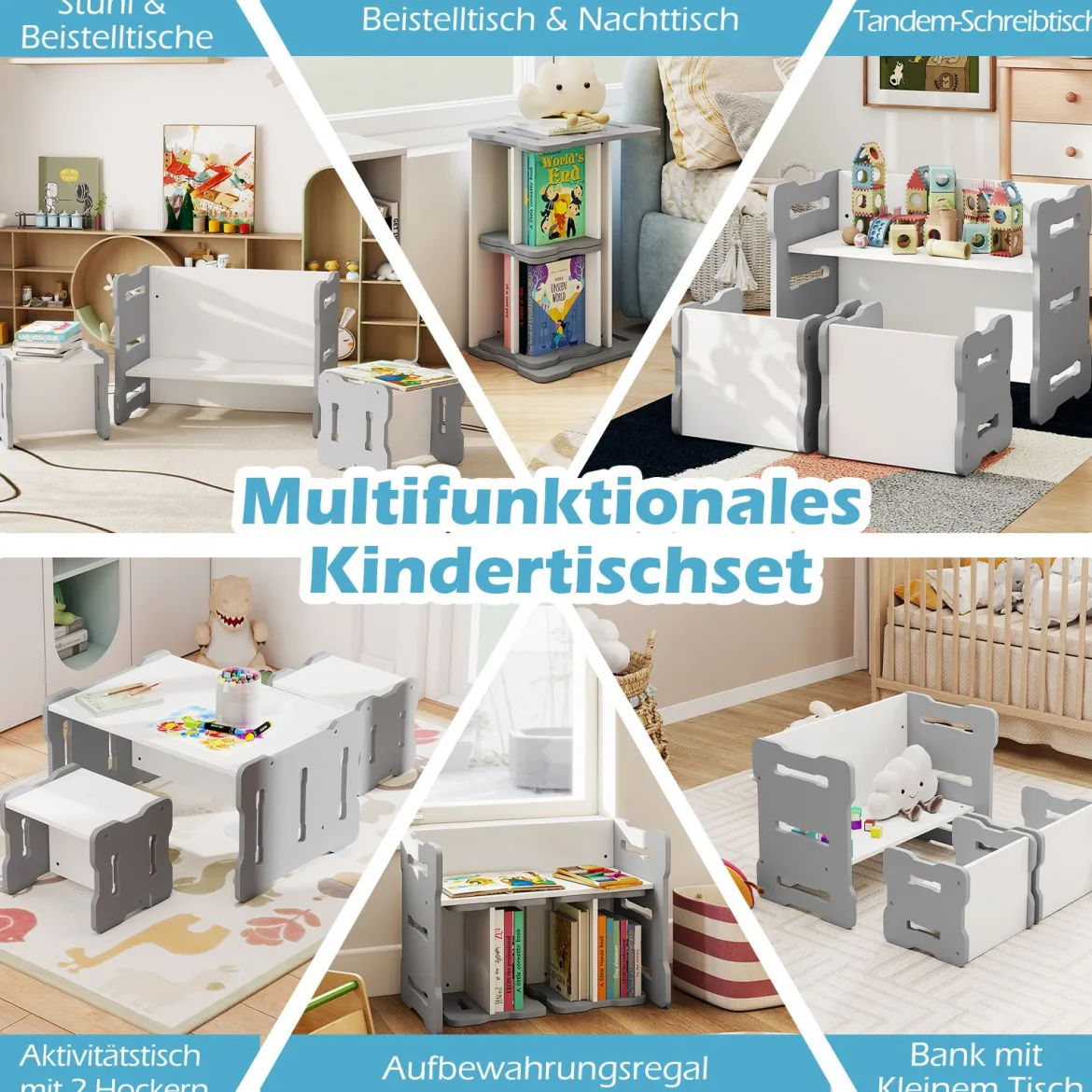 3 TLG. Kinder Tisch- & Stuhlset mit 2 Hockern & Aktivitätentisch Abgerundete Ecken Design Grau