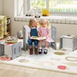 3 TLG. Kinder Tisch- & Stuhlset mit 2 Hockern & Aktivitätentisch Abgerundete Ecken Design Grau