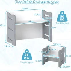 3 TLG. Kinder Tisch- & Stuhlset mit 2 Hockern & Aktivitätentisch Abgerundete Ecken Design Grau