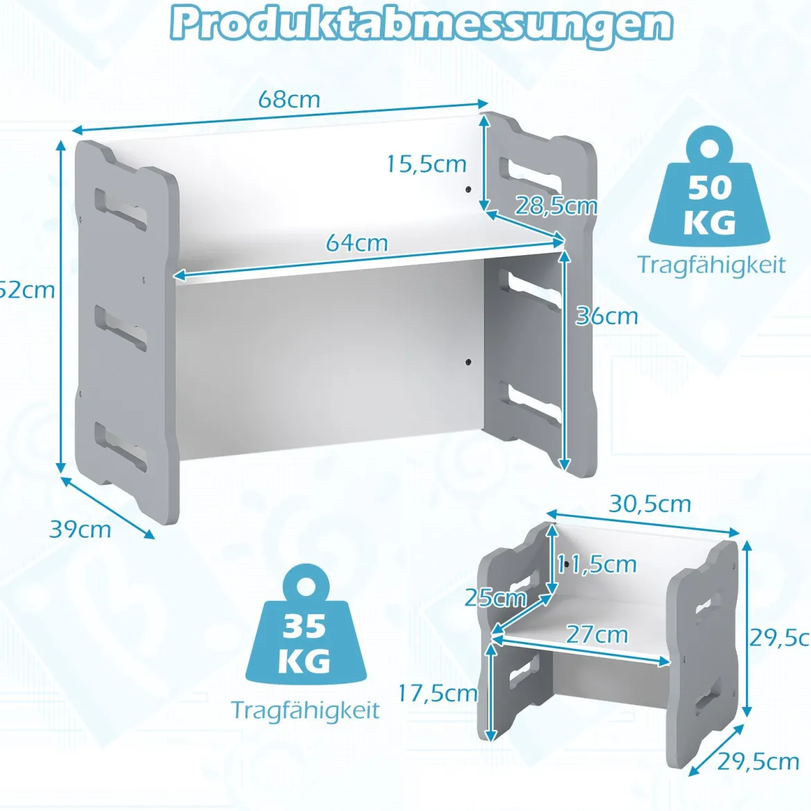 3 TLG. Kinder Tisch- & Stuhlset mit 2 Hockern & Aktivitätentisch Abgerundete Ecken Design Grau