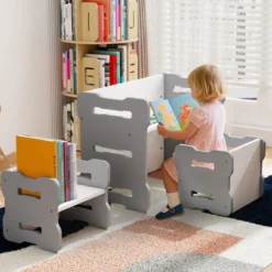 3 TLG. Kinder Tisch- & Stuhlset mit 2 Hockern & Aktivitätentisch Abgerundete Ecken Design Grau