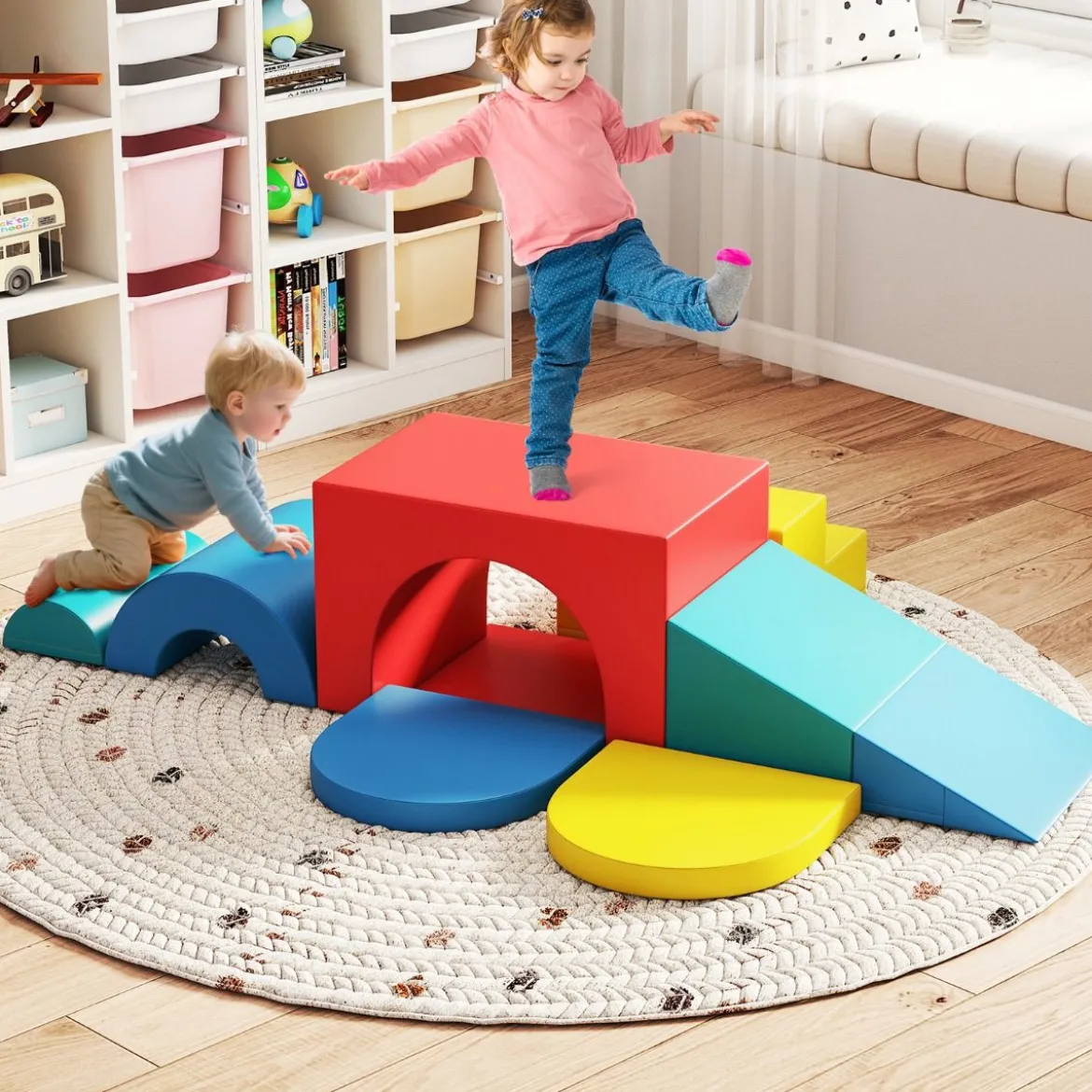 7 tlg. Kletterblock-Set aus Schaumstoff Weiches Spiel-Gym aus PU-Leder Kletterstruktur Mehrfarbig