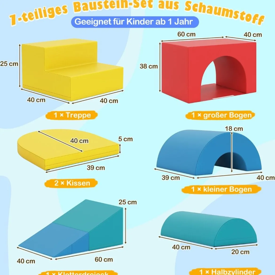 7 tlg. Kletterblock-Set aus Schaumstoff Weiches Spiel-Gym aus PU-Leder Kletterstruktur Mehrfarbig