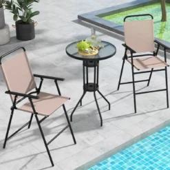 3 tlg. Outdoor-Bistro-Set Terrassen-Bartisch mit 2 Klappbaren Stühlen & Sonnenschirmloch Beige