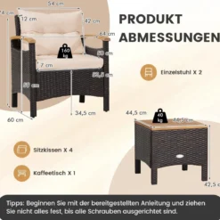 3tlg. Rattan Gartenmöbel Set mit 2 Sessel & 1 Beistelltisch Rattanmöbel Gartenset Gartenlounge