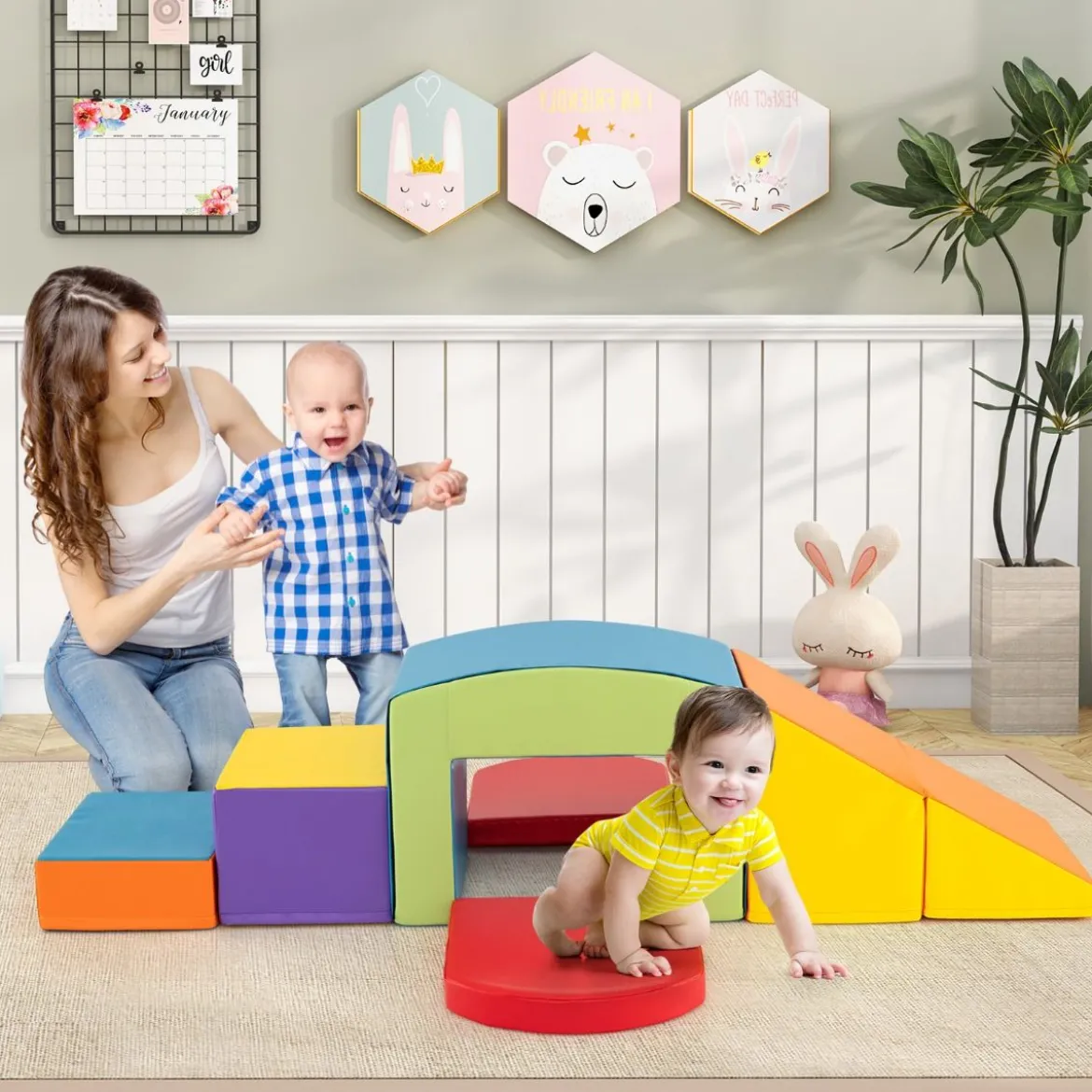 6 TLG. Schaumstoffbausteine Softbausteine mit Tunne Treppe & Rampe Bunt/Blau+Lila mit Klettverschlüsse