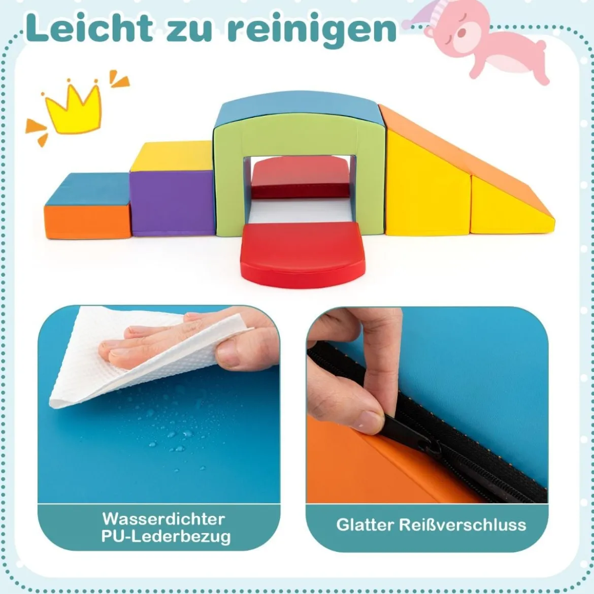 6 TLG. Schaumstoffbausteine Softbausteine mit Tunne Treppe & Rampe Bunt/Blau+Lila mit Klettverschlüsse