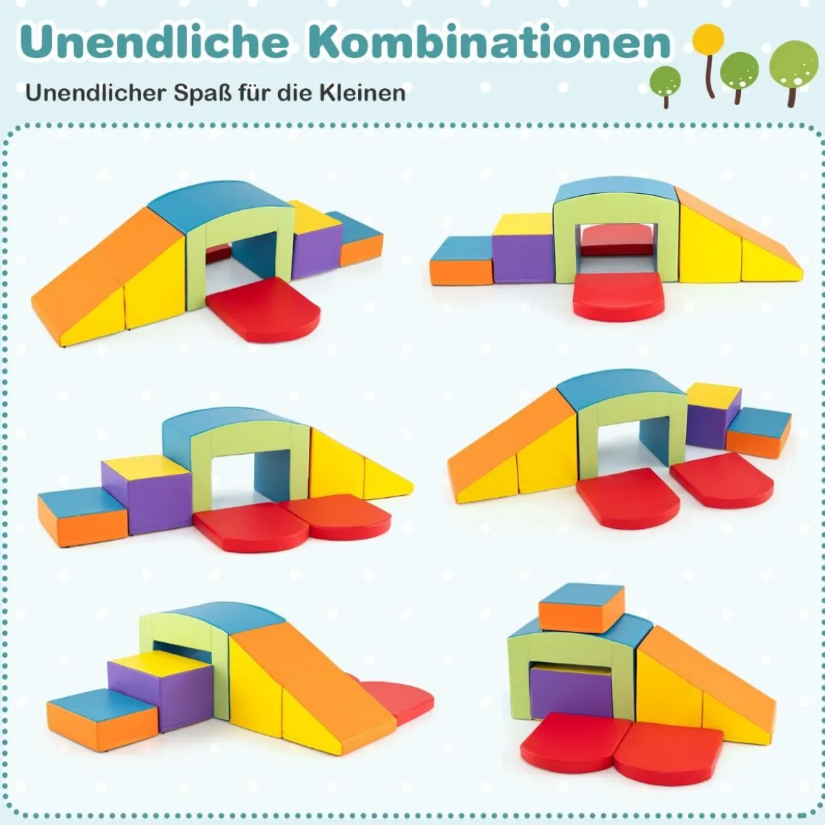 6 TLG. Schaumstoffbausteine Softbausteine mit Tunne Treppe & Rampe Bunt/Blau+Lila mit Klettverschlüsse