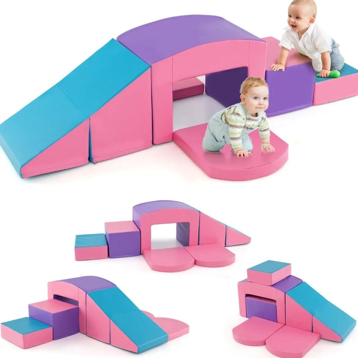 6 TLG. Schaumstoffbausteine Softbausteine mit Tunne Treppe & Rampe Bunt/Blau+Lila mit Klettverschlüsse