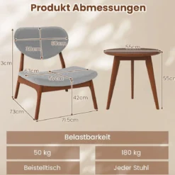 3 tlg. Sessel mit Beistelltisch Gepolstertes Loungesessel Set Kleiner Tisch mit 2 Stühlen Hellgrau