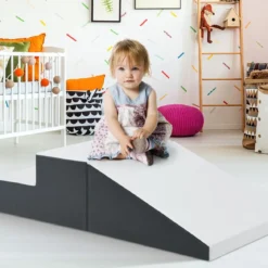 2TLG. Softbausteine Schaumstoff-Kleinkindertreppe & Rampenkletter-Spielzeug Weiß + Grau