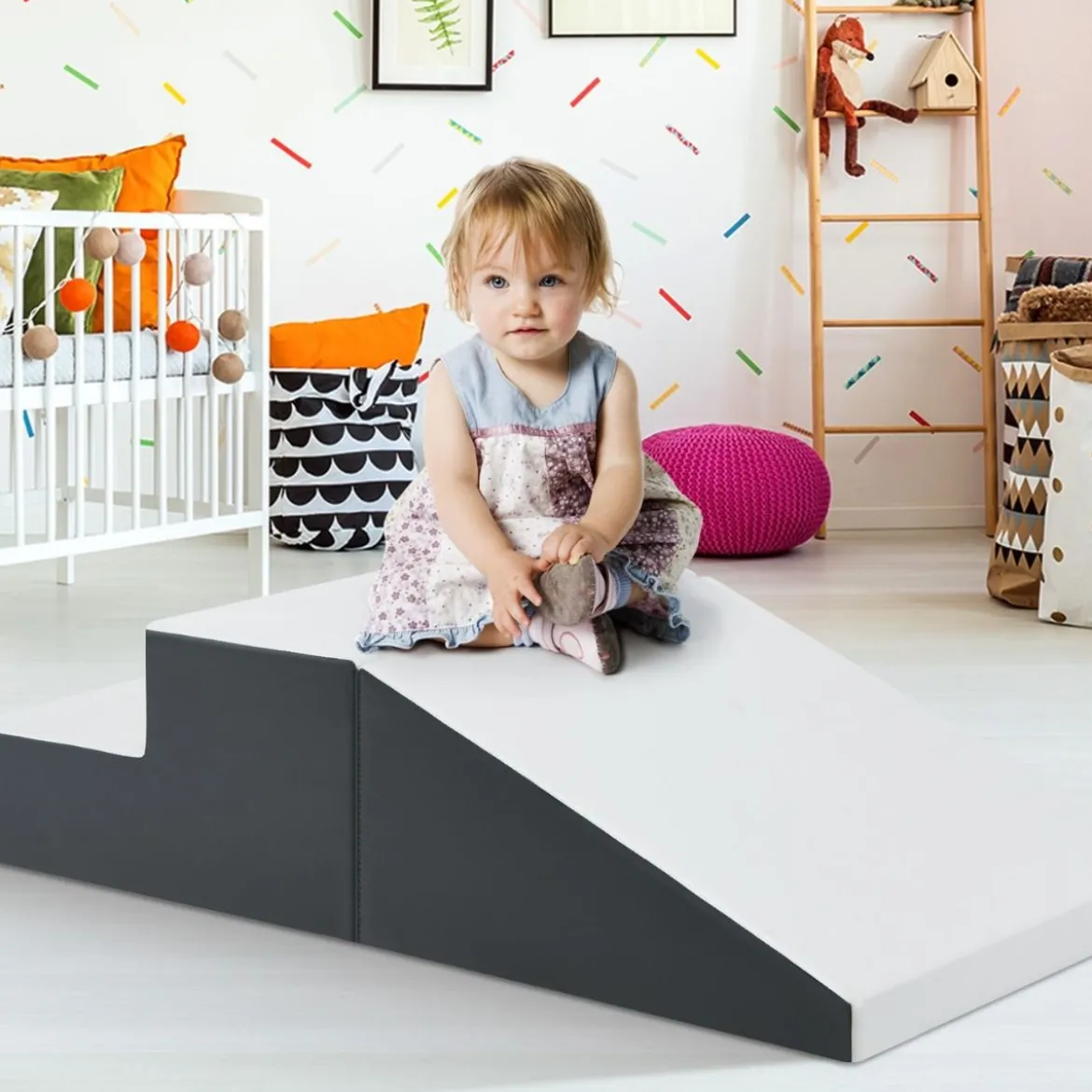 2TLG. Softbausteine Schaumstoff-Kleinkindertreppe & Rampenkletter-Spielzeug Weiß + Grau