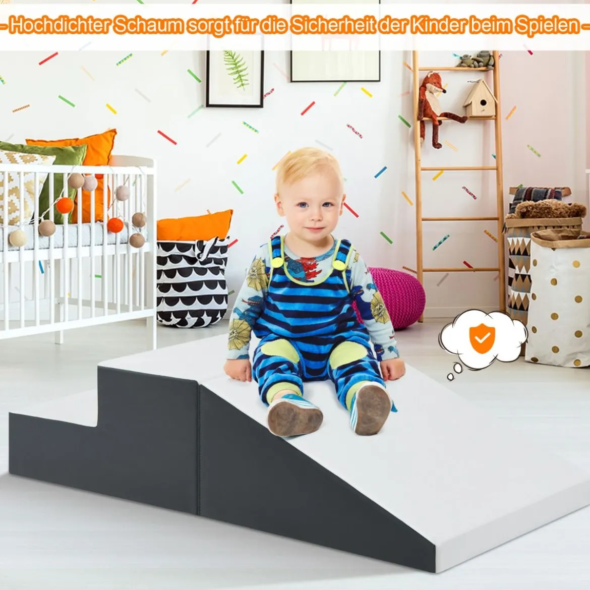 2TLG. Softbausteine Schaumstoff-Kleinkindertreppe & Rampenkletter-Spielzeug Weiß + Grau