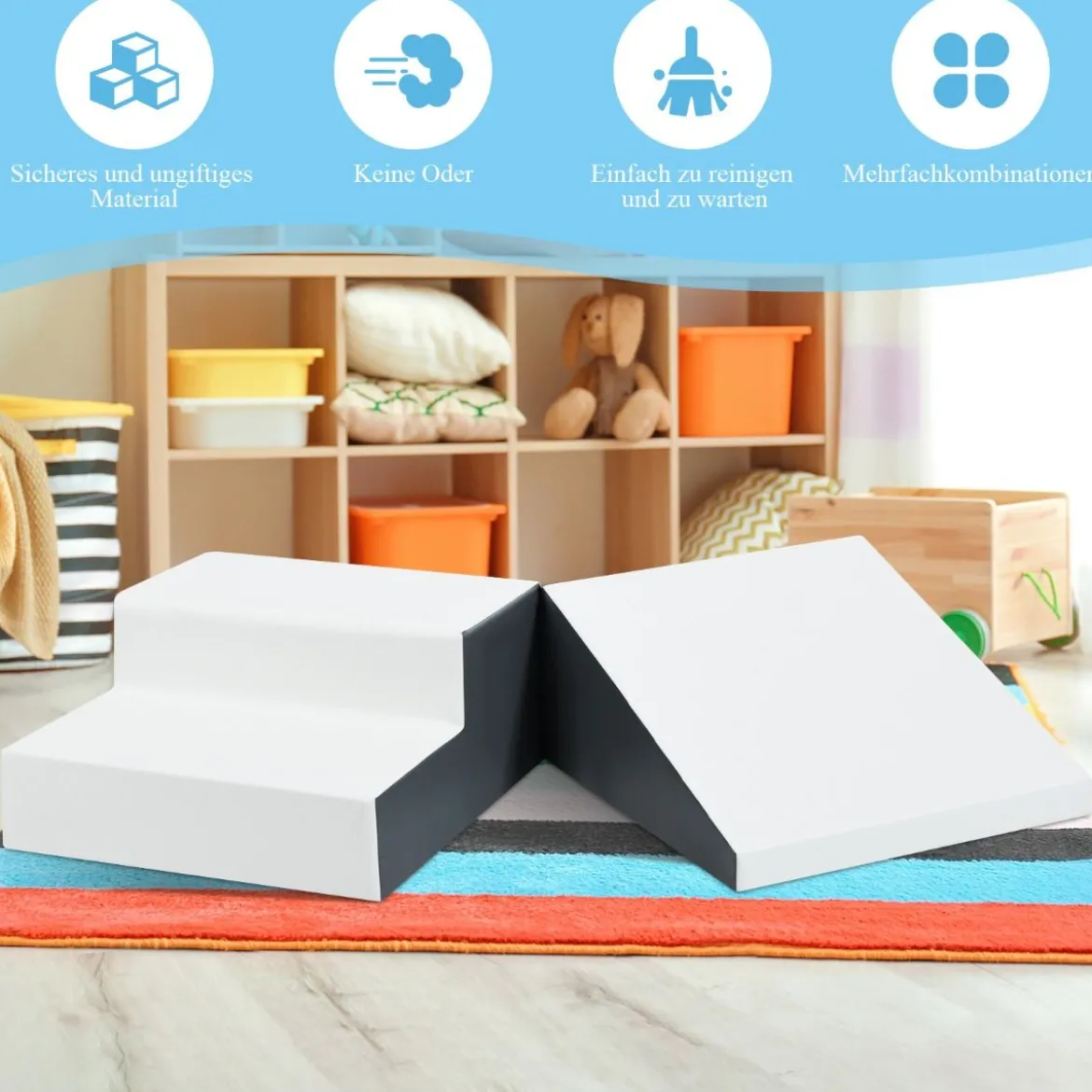 2TLG. Softbausteine Schaumstoff-Kleinkindertreppe & Rampenkletter-Spielzeug Weiß + Grau